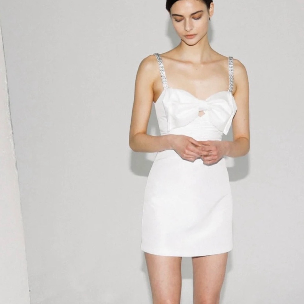 Self-Portrait white bow rhinestone bridal cocktail dress